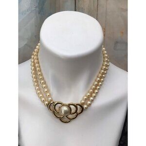 Vintage TRIFARI Double Strand Simulated Pearl Necklace W/ Gold-Tone Statement Cl